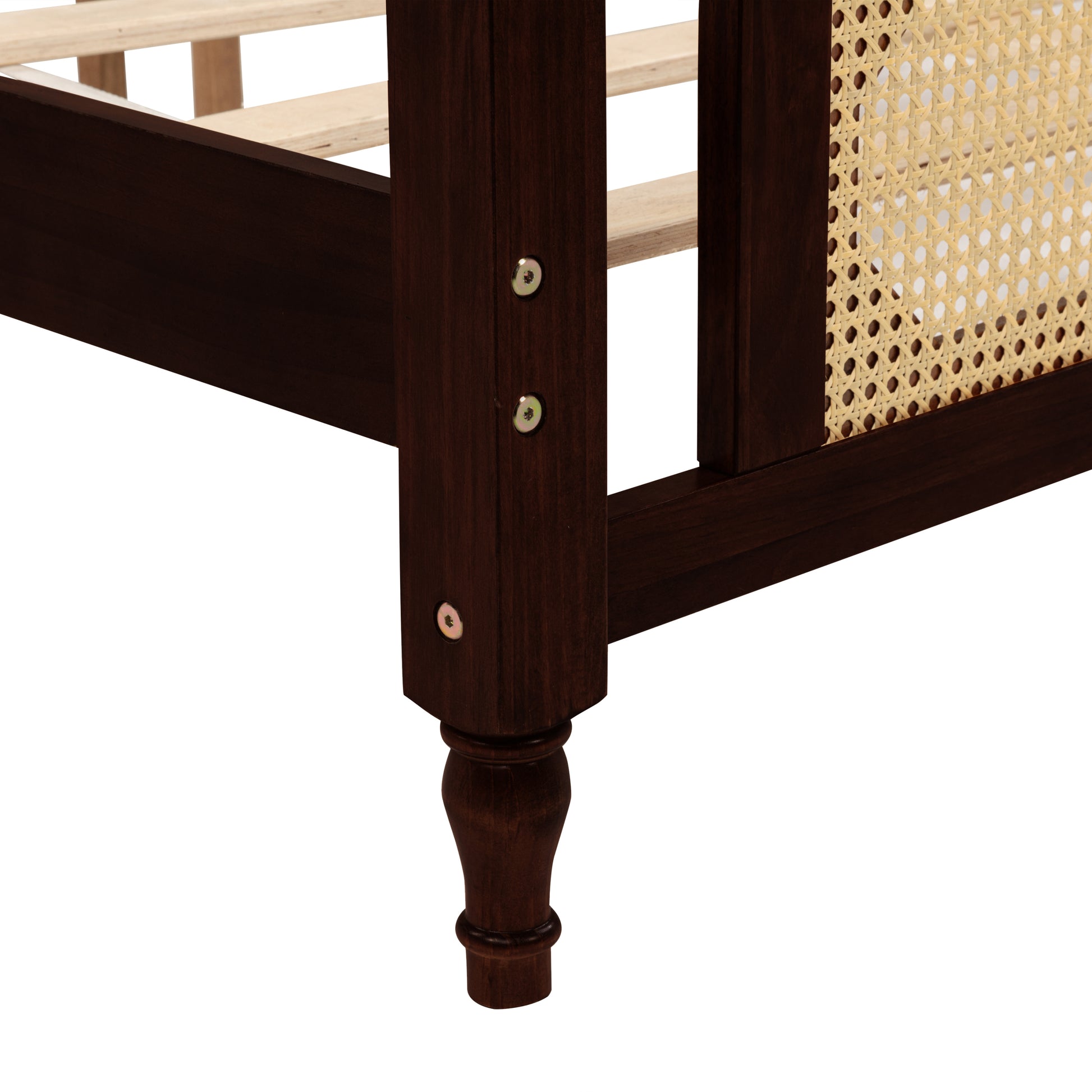 King Pine wooden Bed with Rattan Headboard and Footboard, with Central Enhanced Bed Platform ,Espresso