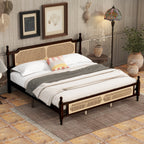King Pine wooden Bed with Rattan Headboard and Footboard, with Central Enhanced Bed Platform ,Espresso