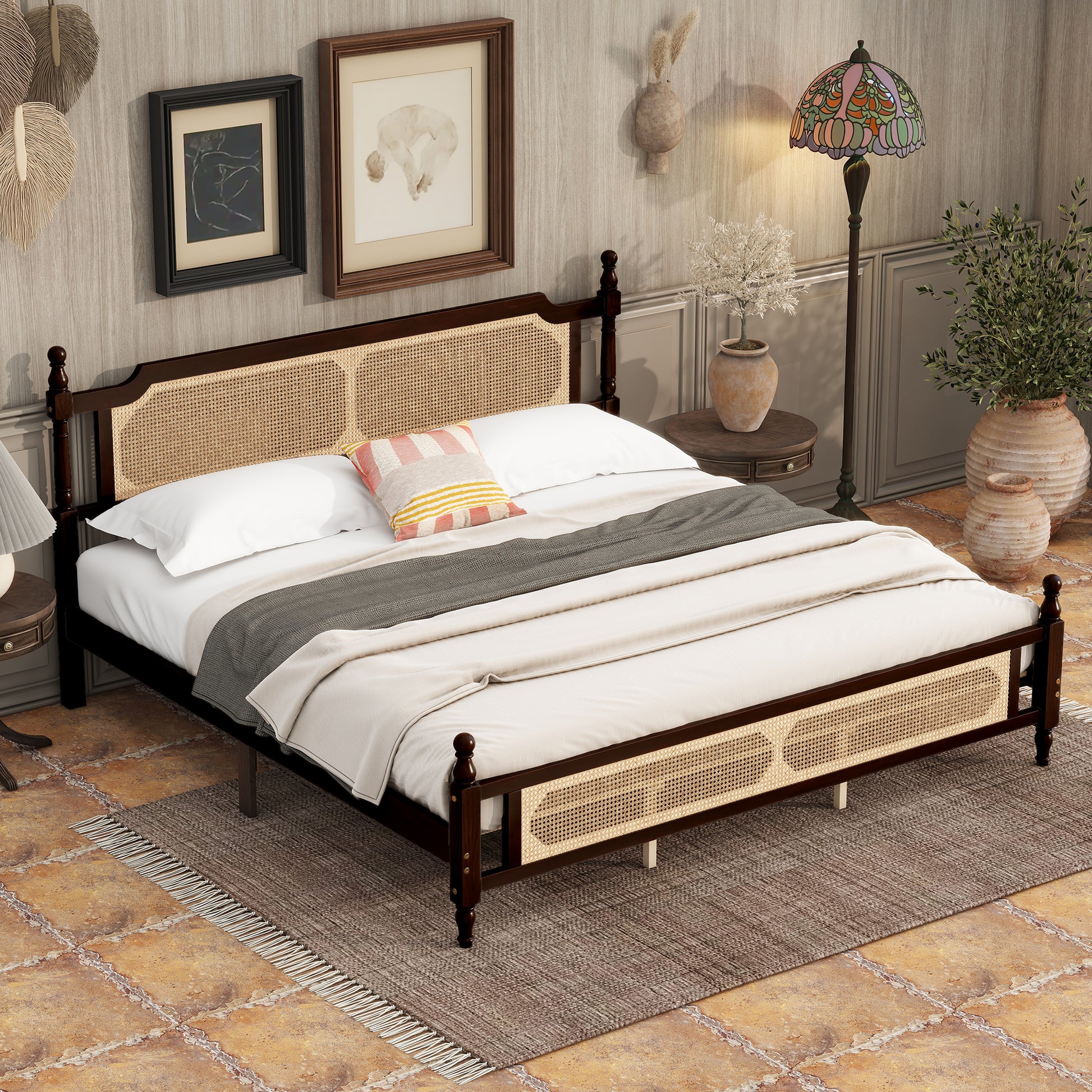 King Pine wooden Bed with Rattan Headboard and Footboard, with Central Enhanced Bed Platform ,Espresso