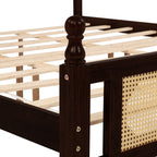 King Pine wooden Bed with Rattan Headboard and Footboard, with Central Enhanced Bed Platform ,Espresso