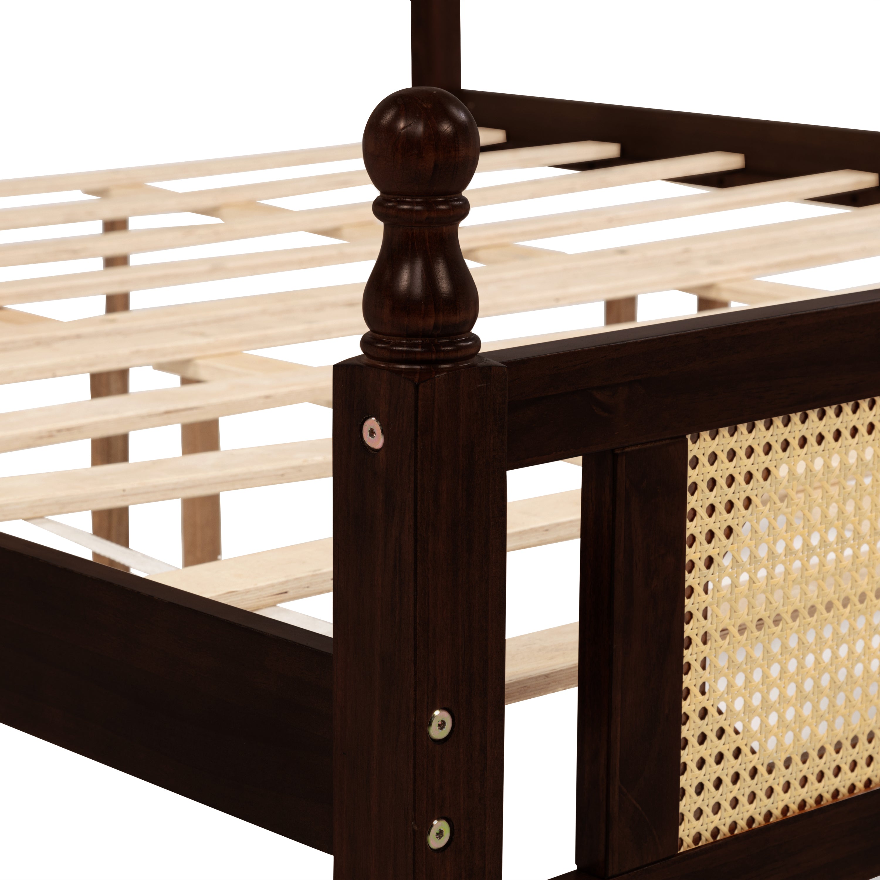 King Pine wooden Bed with Rattan Headboard and Footboard, with Central Enhanced Bed Platform ,Espresso