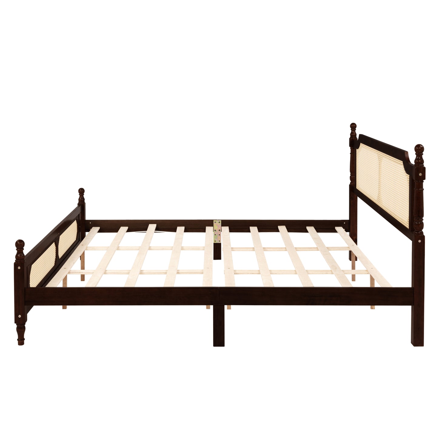 King Pine wooden Bed with Rattan Headboard and Footboard, with Central Enhanced Bed Platform ,Espresso