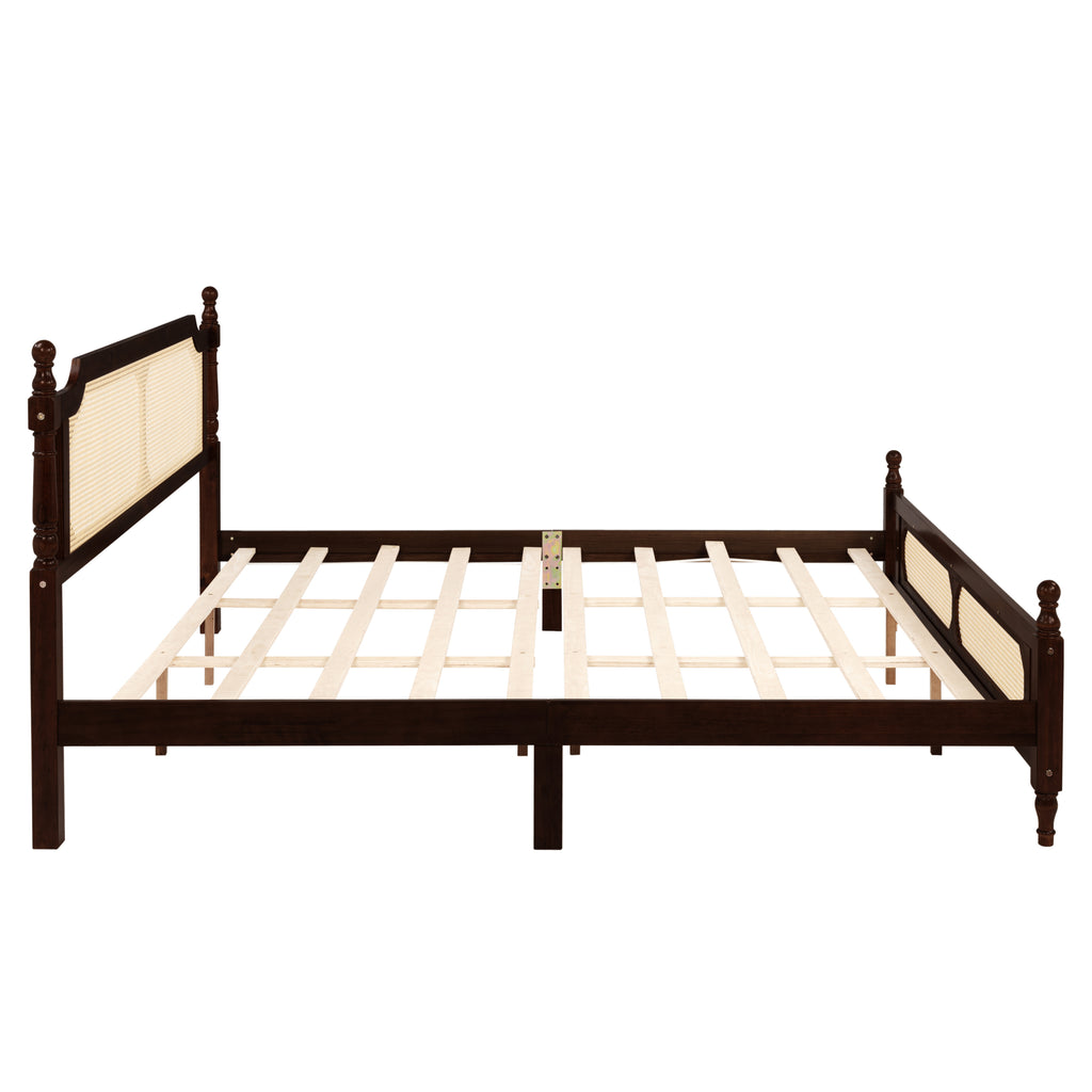 King Pine wooden Bed with Rattan Headboard and Footboard, with Central Enhanced Bed Platform ,Espresso