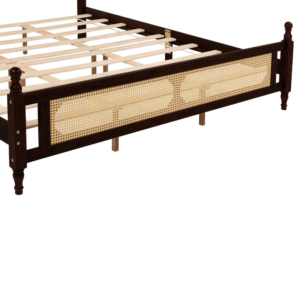 King Pine wooden Bed with Rattan Headboard and Footboard, with Central Enhanced Bed Platform ,Espresso