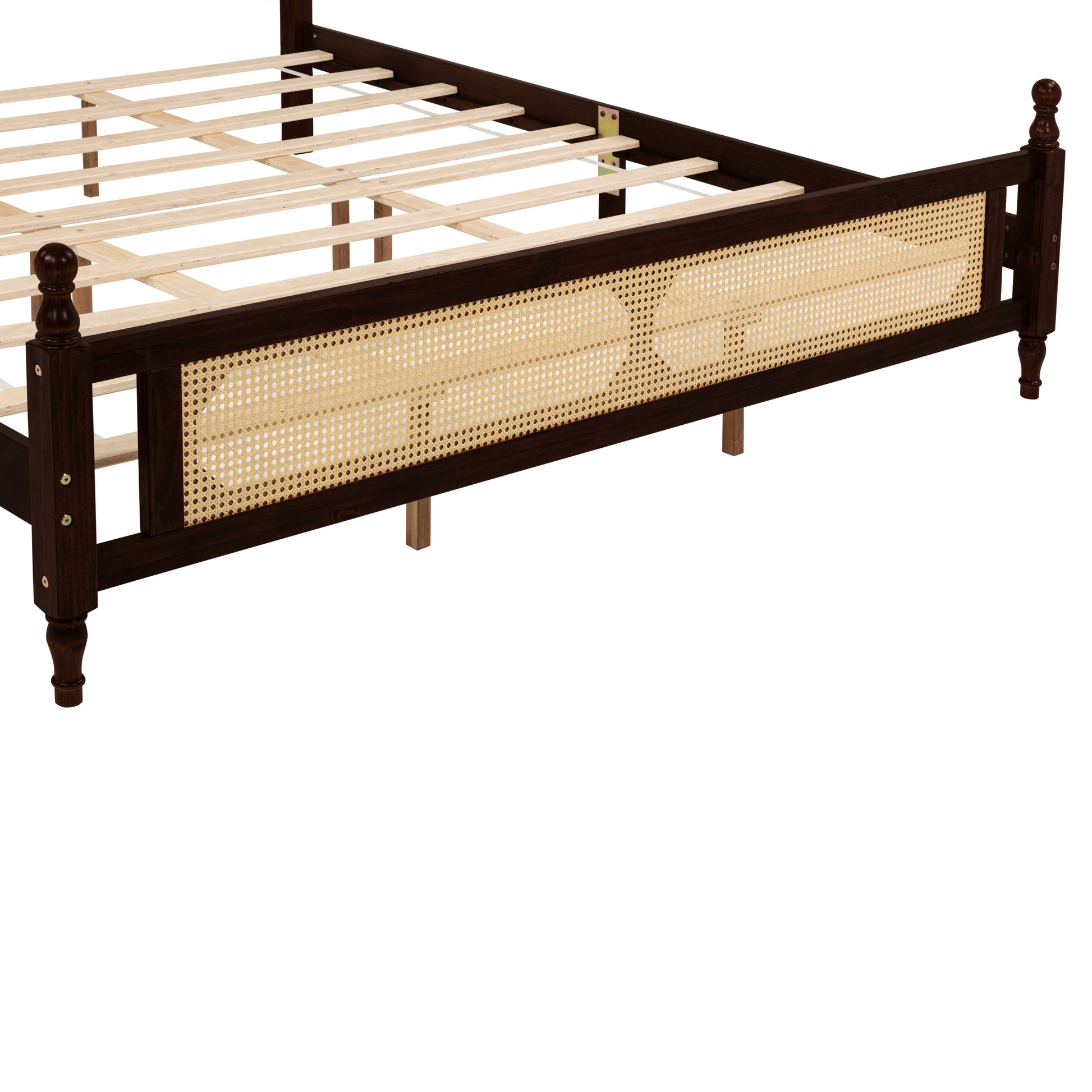 King Pine wooden Bed with Rattan Headboard and Footboard, with Central Enhanced Bed Platform ,Espresso