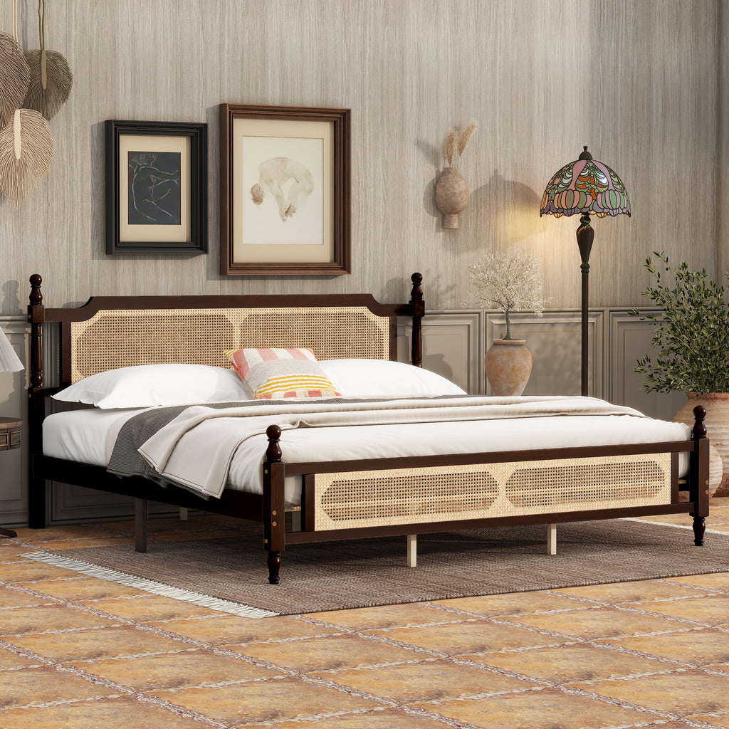 King Pine wooden Bed with Rattan Headboard and Footboard, with Central Enhanced Bed Platform ,Espresso