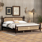 King Pine wooden Bed with Rattan Headboard and Footboard, with Central Enhanced Bed Platform ,Espresso