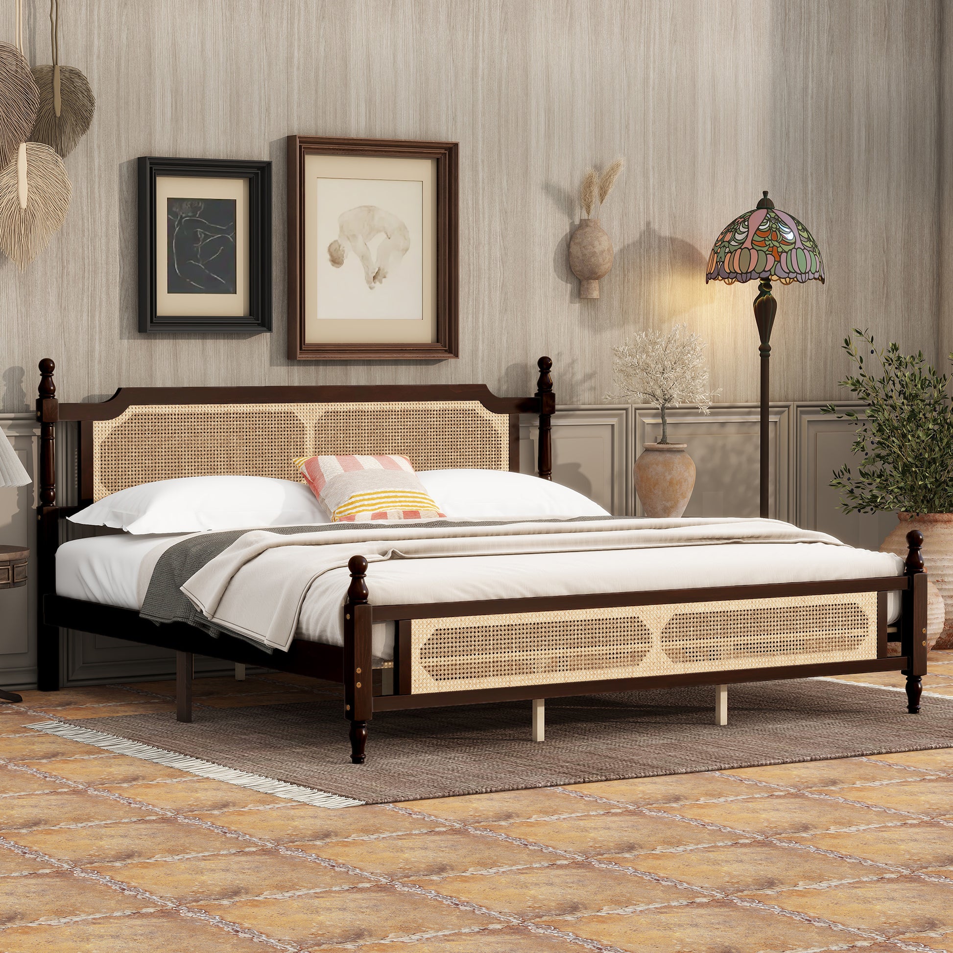 King Pine wooden Bed with Rattan Headboard and Footboard, with Central Enhanced Bed Platform ,Espresso