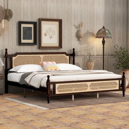 King Pine wooden Bed with Rattan Headboard and Footboard, with Central Enhanced Bed Platform ,Espresso