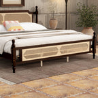 King Pine wooden Bed with Rattan Headboard and Footboard, with Central Enhanced Bed Platform ,Espresso