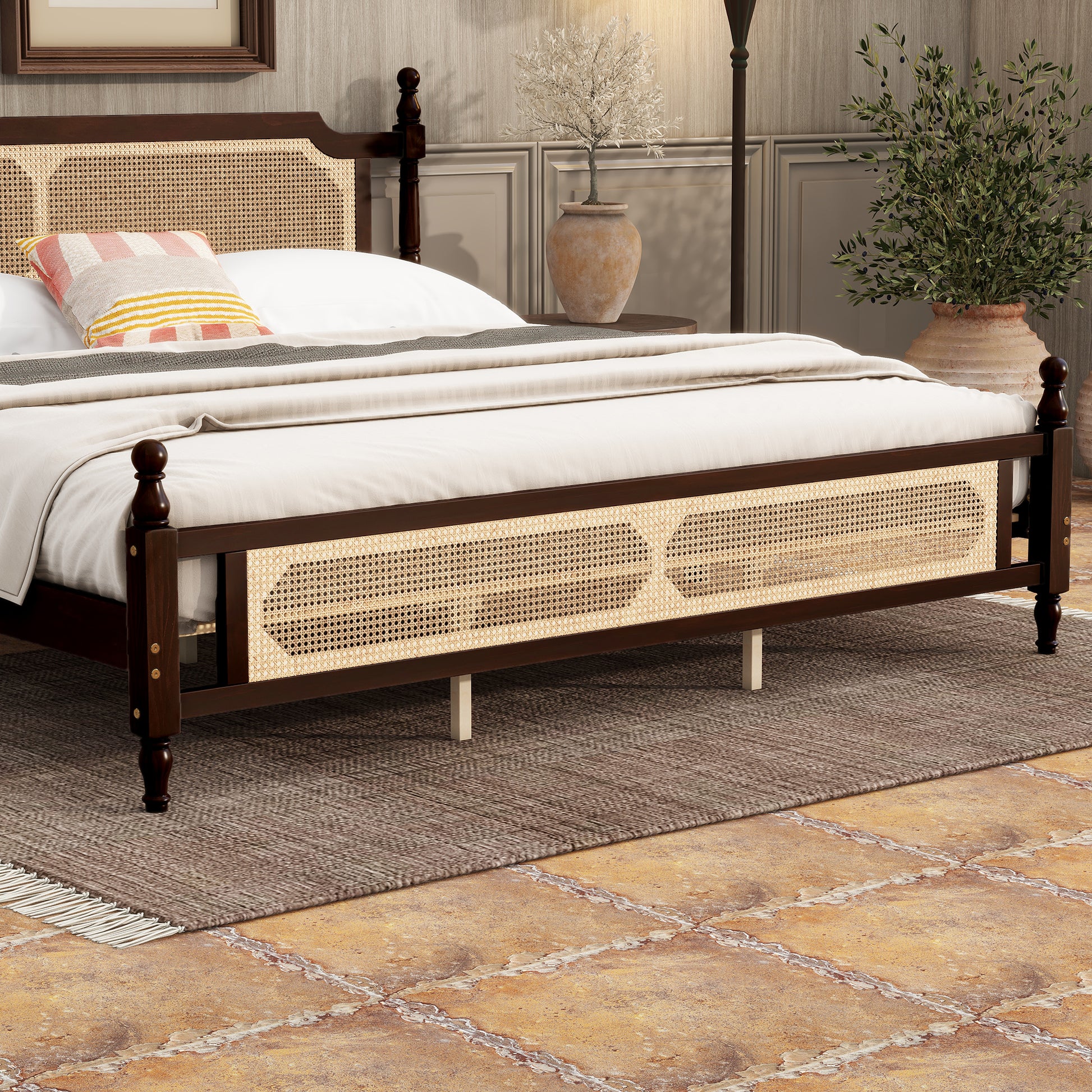 King Pine wooden Bed with Rattan Headboard and Footboard, with Central Enhanced Bed Platform ,Espresso