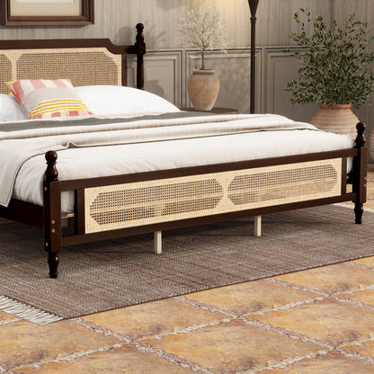 King Pine wooden Bed with Rattan Headboard and Footboard, with Central Enhanced Bed Platform ,Espresso
