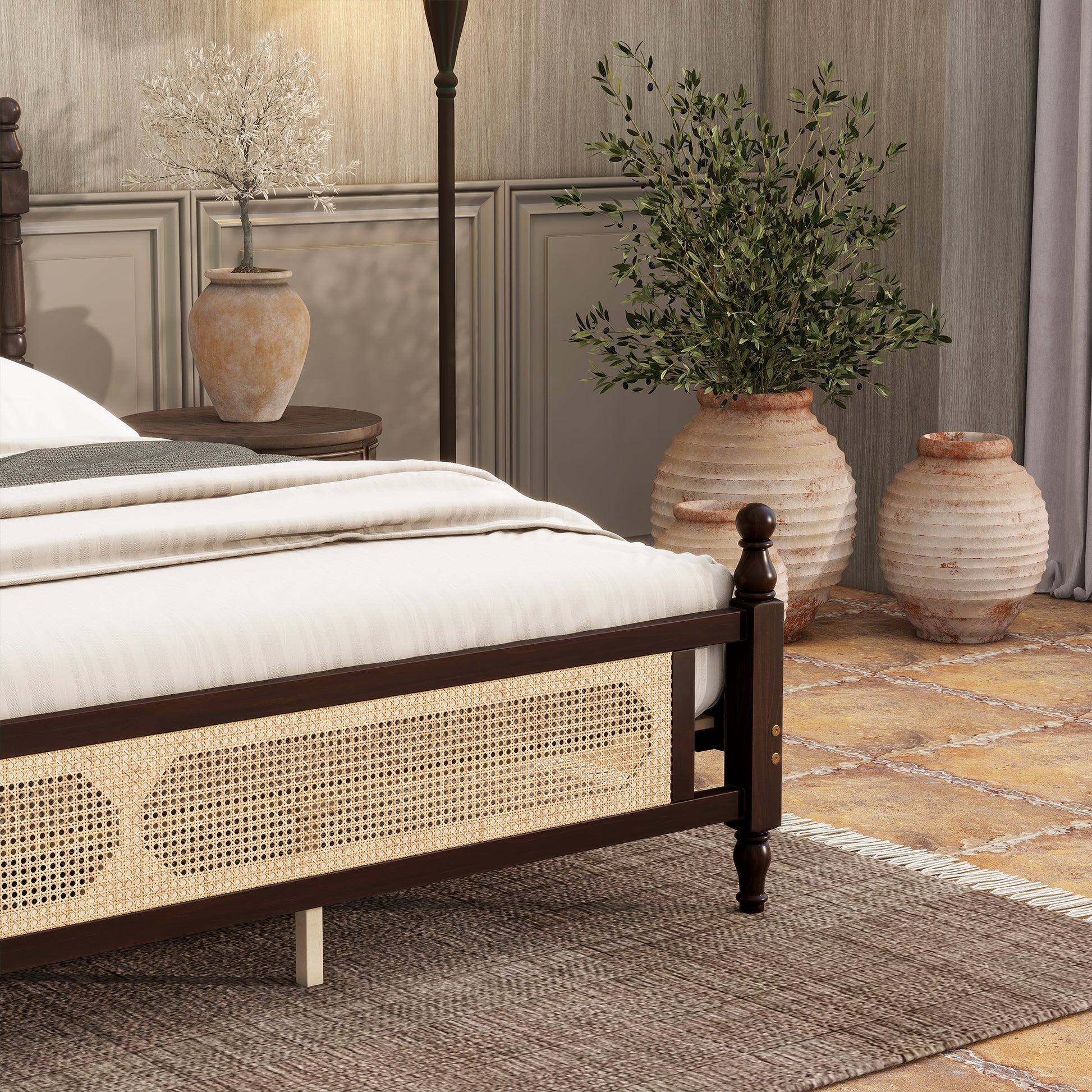 King Pine wooden Bed with Rattan Headboard and Footboard, with Central Enhanced Bed Platform ,Espresso
