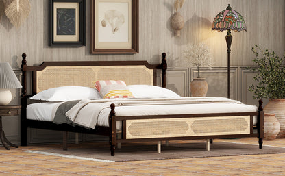 King Pine wooden Bed with Rattan Headboard and Footboard, with Central Enhanced Bed Platform ,Espresso