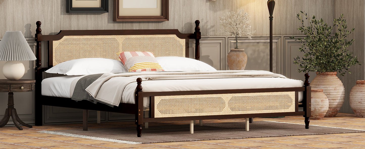 King Pine wooden Bed with Rattan Headboard and Footboard, with Central Enhanced Bed Platform ,Espresso