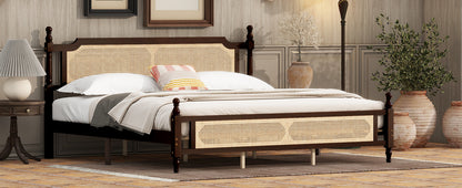 King Pine wooden Bed with Rattan Headboard and Footboard, with Central Enhanced Bed Platform ,Espresso