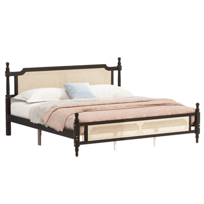 King Pine wooden Bed with Rattan Headboard and Footboard, with Central Enhanced Bed Platform ,Espresso