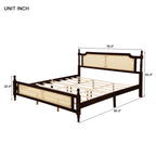 King Pine wooden Bed with Rattan Headboard and Footboard, with Central Enhanced Bed Platform ,Espresso
