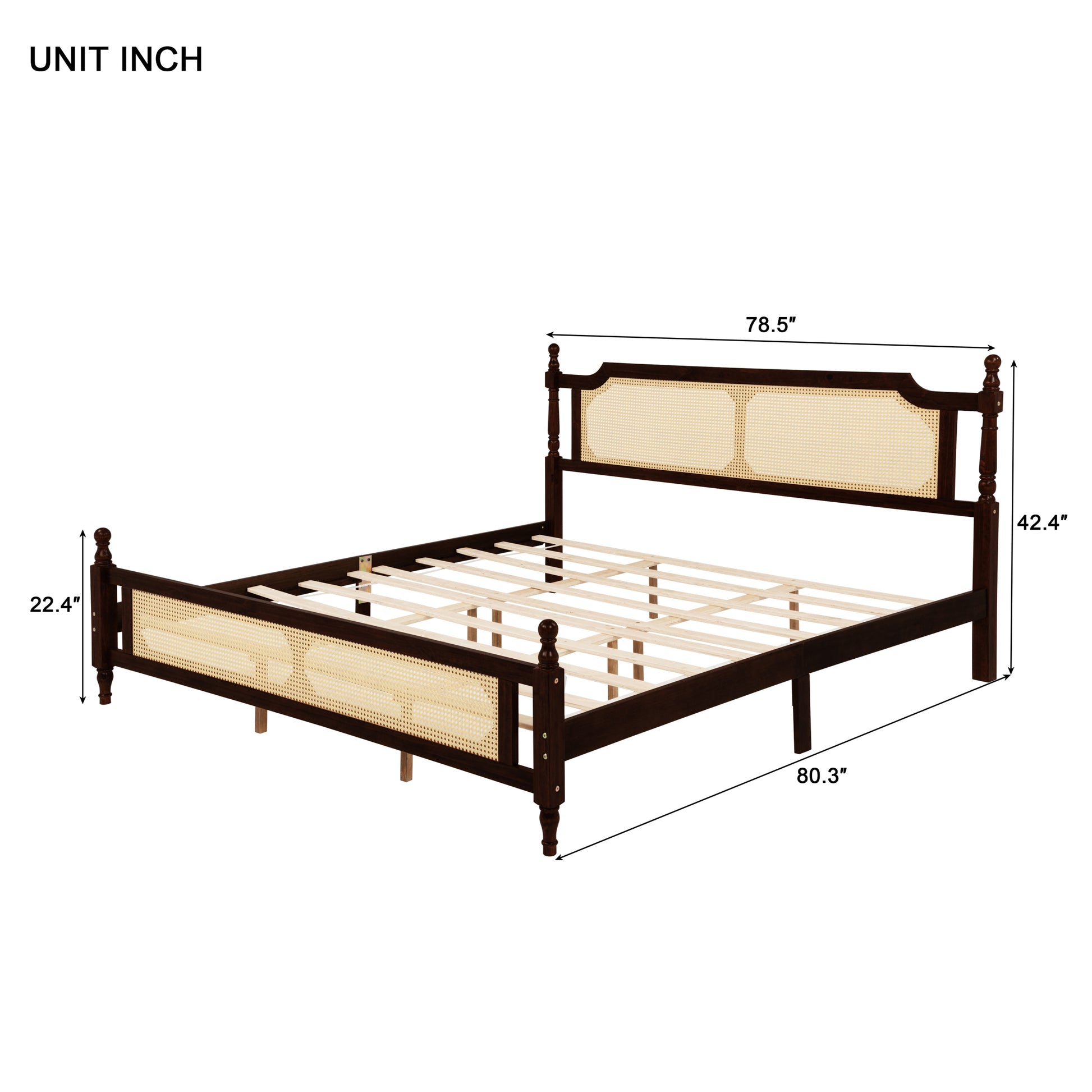 King Pine wooden Bed with Rattan Headboard and Footboard, with Central Enhanced Bed Platform ,Espresso