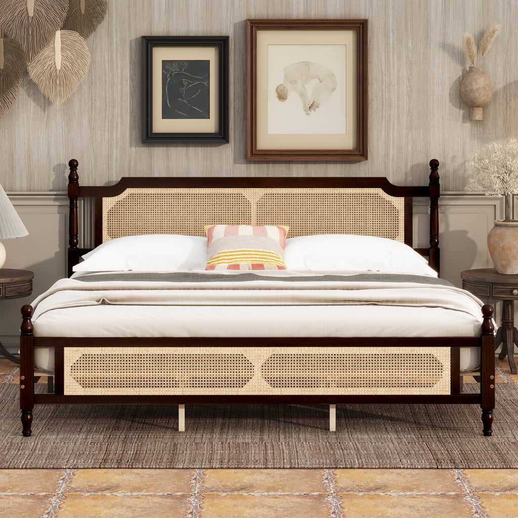 King Pine wooden Bed with Rattan Headboard and Footboard, with Central Enhanced Bed Platform ,Espresso