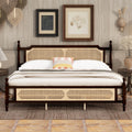 King Pine wooden Bed with Rattan Headboard and Footboard, with Central Enhanced Bed Platform ,Espresso
