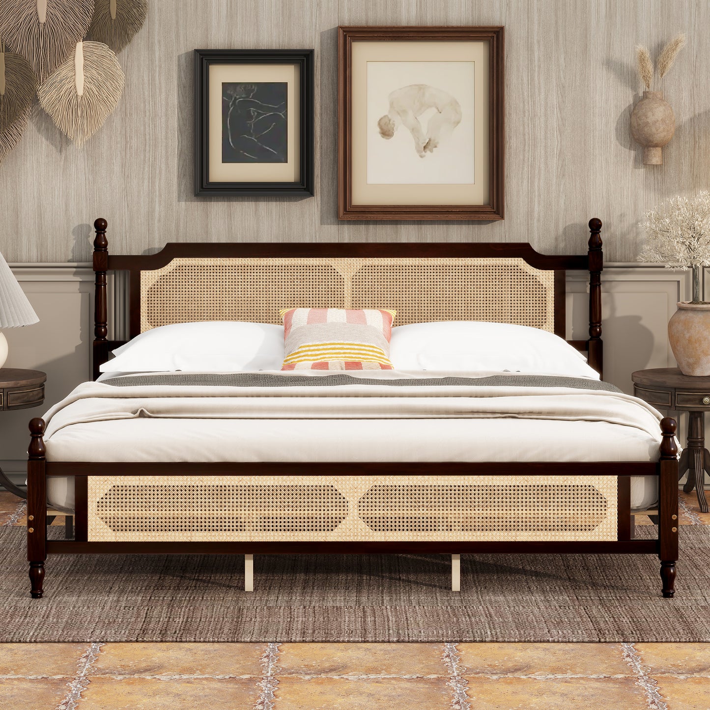 King Pine wooden Bed with Rattan Headboard and Footboard, with Central Enhanced Bed Platform ,Espresso