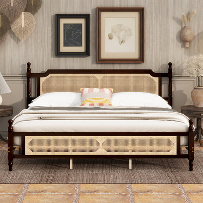 King Pine wooden Bed with Rattan Headboard and Footboard, with Central Enhanced Bed Platform ,Espresso