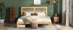 King Size Bed with Rattan Headboard, Two Storage Drawers, Rubber Wood Bed with Enhanced Support Salts and Feet,White Oak