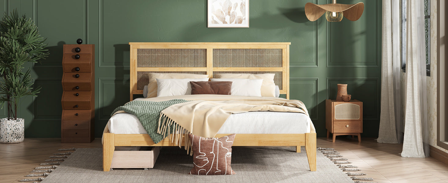 King Size Bed with Rattan Headboard, Two Storage Drawers, Rubber Wood Bed with Enhanced Support Salts and Feet,White Oak