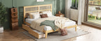 King Size Bed with Rattan Headboard, Two Storage Drawers, Rubber Wood Bed with Enhanced Support Salts and Feet,White Oak
