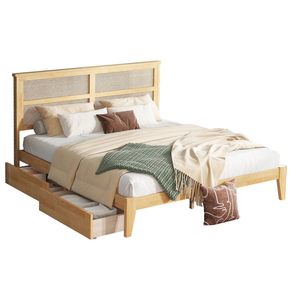 King Size Bed with Rattan Headboard, Two Storage Drawers, Rubber Wood Bed with Enhanced Support Salts and Feet,White Oak