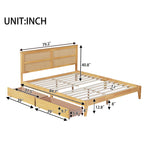 King Size Bed with Rattan Headboard, Two Storage Drawers, Rubber Wood Bed with Enhanced Support Salts and Feet,White Oak