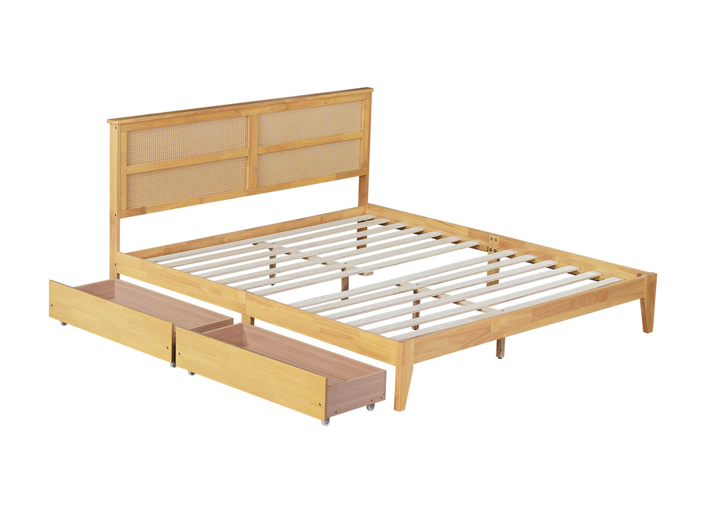 King Size Bed with Rattan Headboard, Two Storage Drawers, Rubber Wood Bed with Enhanced Support Salts and Feet,White Oak