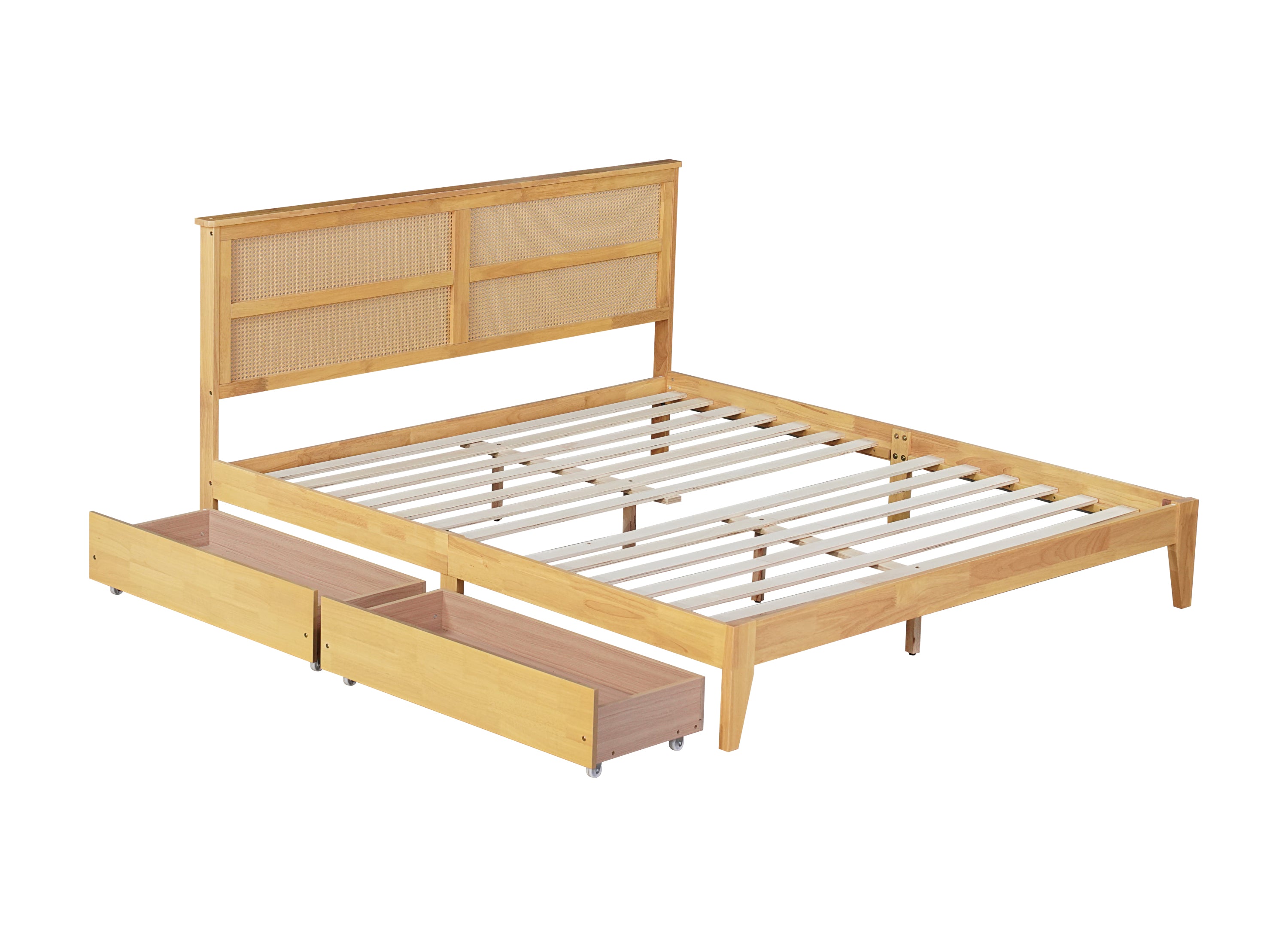 King Size Bed with Rattan Headboard, Two Storage Drawers, Rubber Wood Bed with Enhanced Support Salts and Feet,White Oak