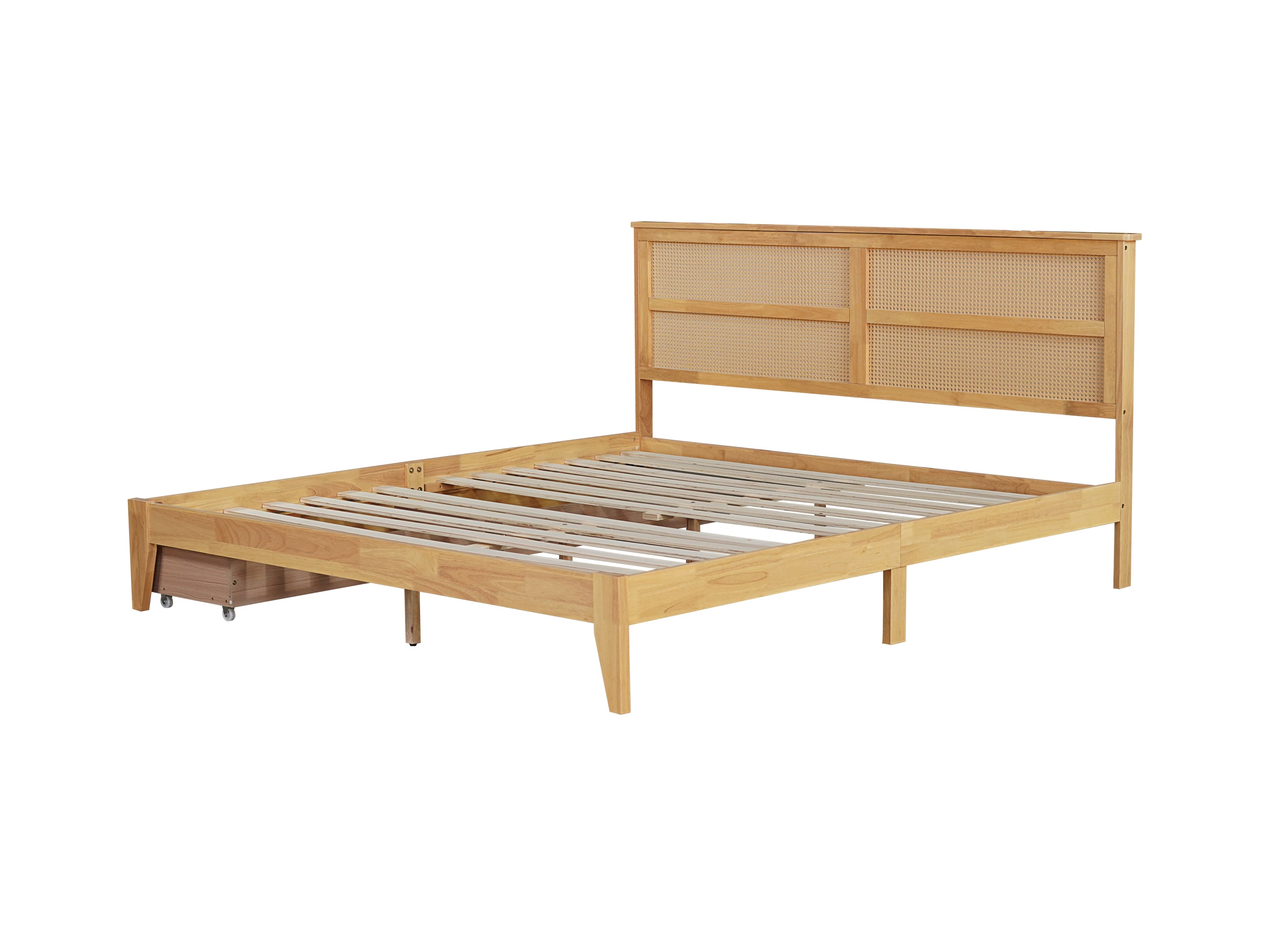 King Size Bed with Rattan Headboard, Two Storage Drawers, Rubber Wood Bed with Enhanced Support Salts and Feet,White Oak