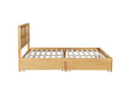 King Size Bed with Rattan Headboard, Two Storage Drawers, Rubber Wood Bed with Enhanced Support Salts and Feet,White Oak