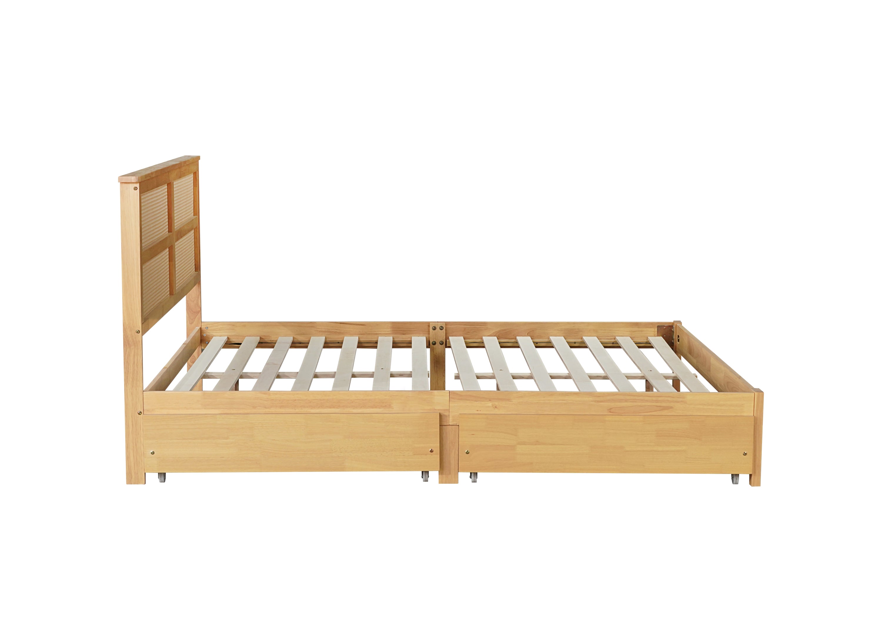 King Size Bed with Rattan Headboard, Two Storage Drawers, Rubber Wood Bed with Enhanced Support Salts and Feet,White Oak