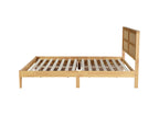King Size Bed with Rattan Headboard, Two Storage Drawers, Rubber Wood Bed with Enhanced Support Salts and Feet,White Oak