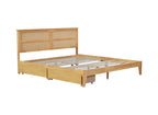 King Size Bed with Rattan Headboard, Two Storage Drawers, Rubber Wood Bed with Enhanced Support Salts and Feet,White Oak