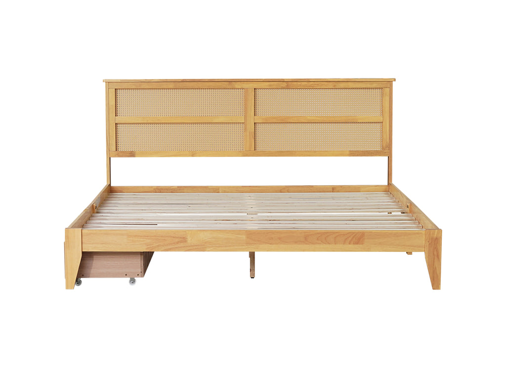 King Size Bed with Rattan Headboard, Two Storage Drawers, Rubber Wood Bed with Enhanced Support Salts and Feet,White Oak