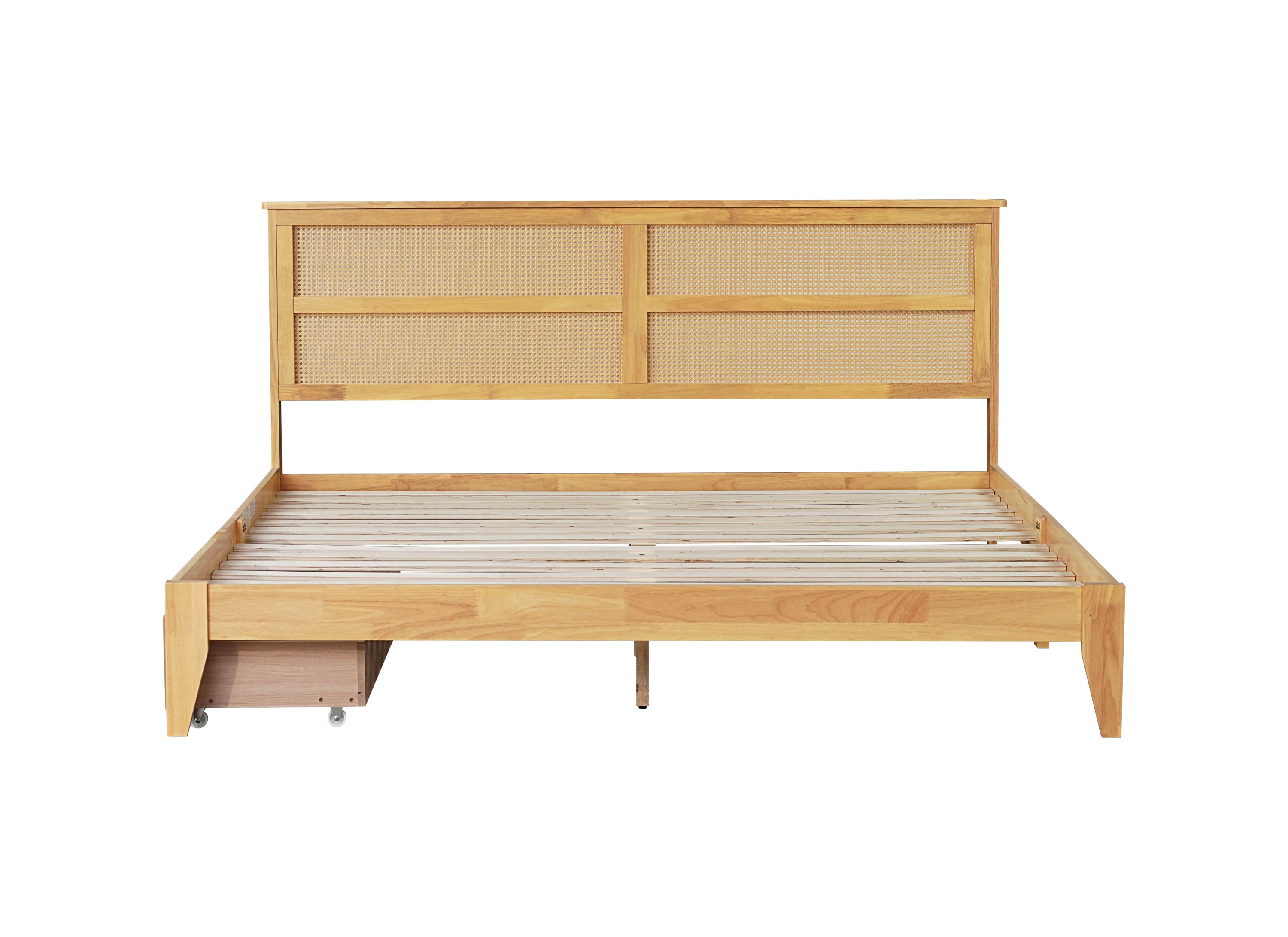 King Size Bed with Rattan Headboard, Two Storage Drawers, Rubber Wood Bed with Enhanced Support Salts and Feet,White Oak