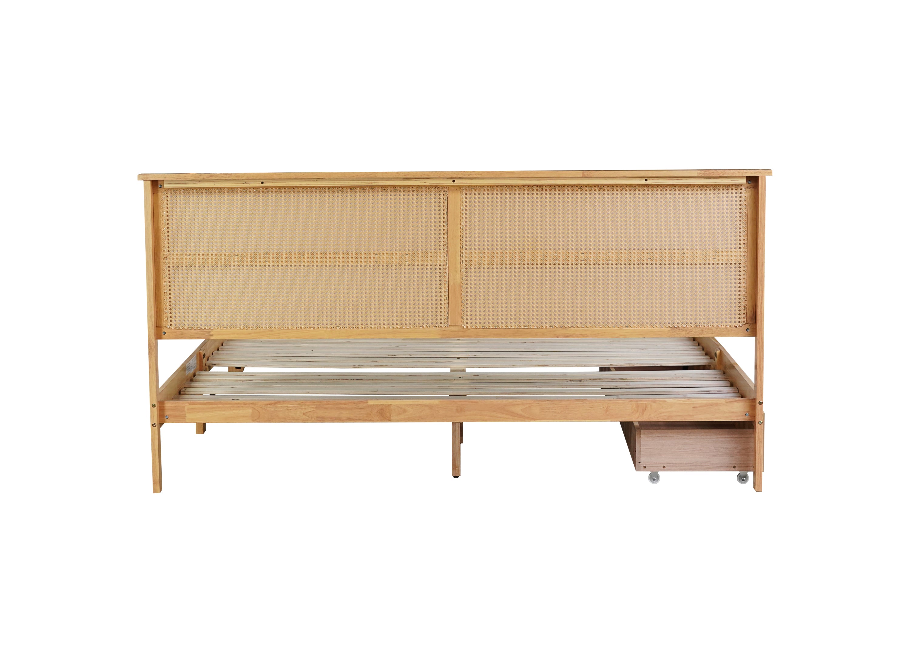 King Size Bed with Rattan Headboard, Two Storage Drawers, Rubber Wood Bed with Enhanced Support Salts and Feet,White Oak
