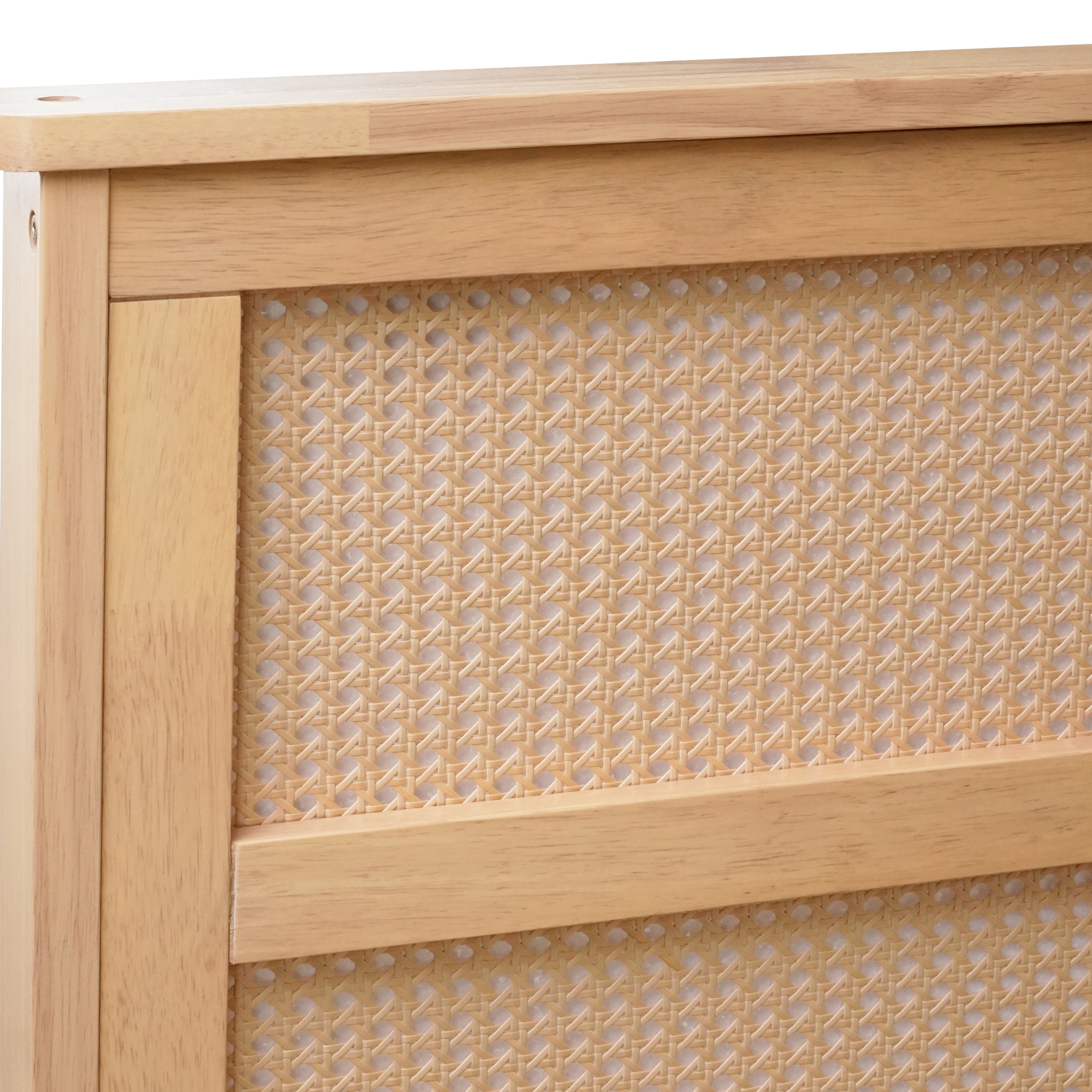 King Size Bed with Rattan Headboard, Two Storage Drawers, Rubber Wood Bed with Enhanced Support Salts and Feet,White Oak