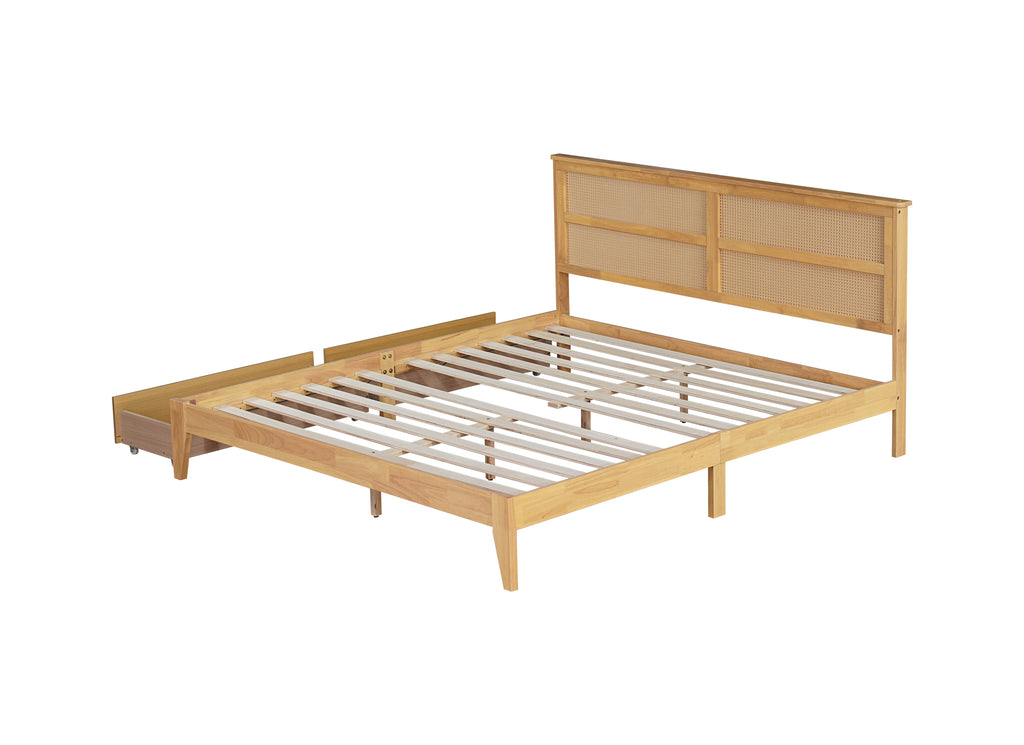King Size Bed with Rattan Headboard, Two Storage Drawers, Rubber Wood Bed with Enhanced Support Salts and Feet,White Oak