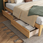 King Size Bed with Rattan Headboard, Two Storage Drawers, Rubber Wood Bed with Enhanced Support Salts and Feet,White Oak