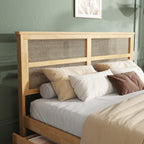 King Size Bed with Rattan Headboard, Two Storage Drawers, Rubber Wood Bed with Enhanced Support Salts and Feet,White Oak