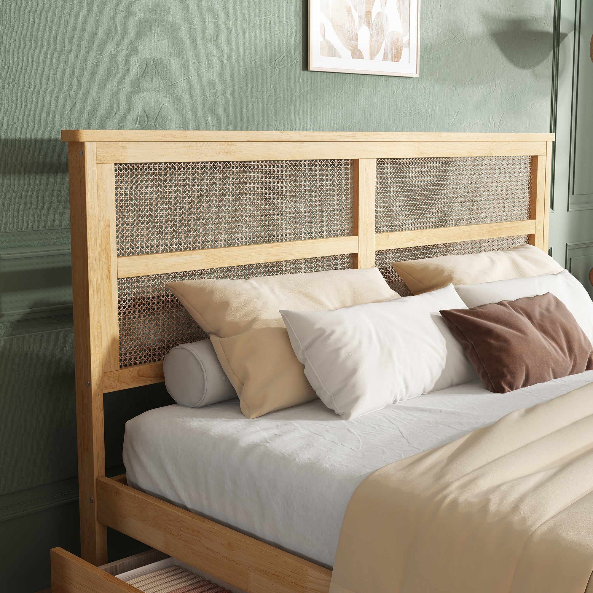 King Size Bed with Rattan Headboard, Two Storage Drawers, Rubber Wood Bed with Enhanced Support Salts and Feet,White Oak