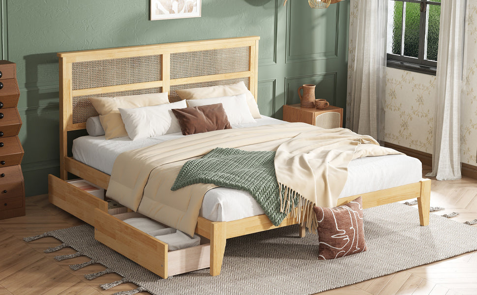 King Size Bed with Rattan Headboard, Two Storage Drawers, Rubber Wood Bed with Enhanced Support Salts and Feet,White Oak