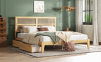 King Size Bed with Rattan Headboard, Two Storage Drawers, Rubber Wood Bed with Enhanced Support Salts and Feet,White Oak