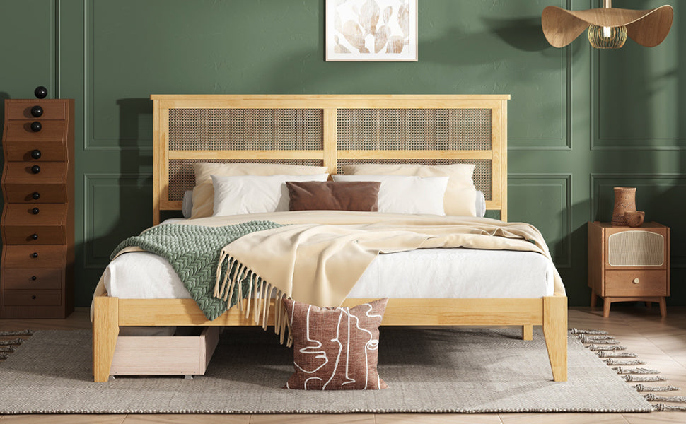 King Size Bed with Rattan Headboard, Two Storage Drawers, Rubber Wood Bed with Enhanced Support Salts and Feet,White Oak